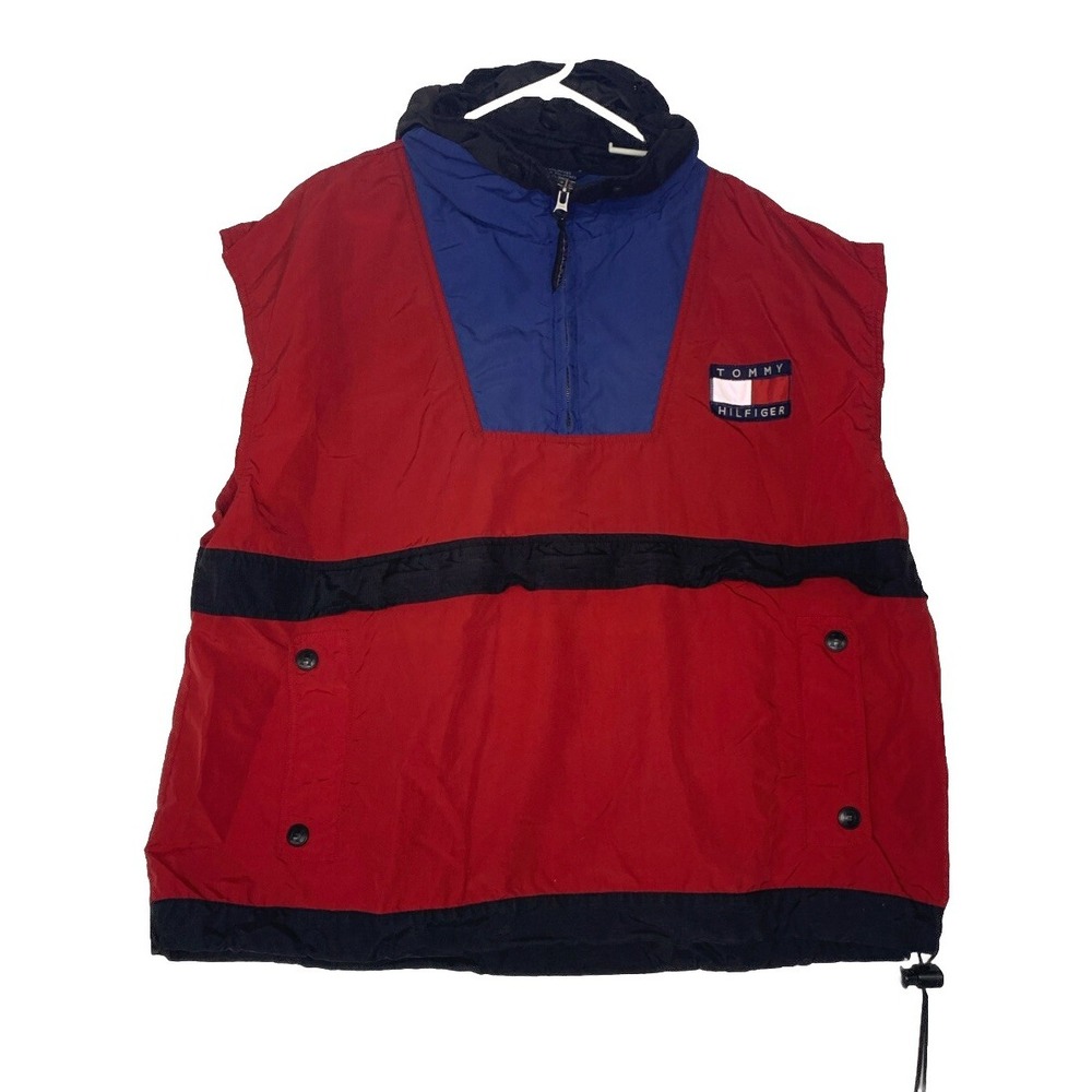 Vintage Tommy Hilfiger Jacket Vest Mens Large Red Anorak Quarter Zip Pullover